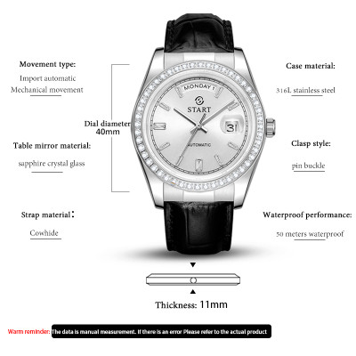 【START】đồng hồ kim cương nam đồng hồ cơ tự động chống nước chức năng hiển thị thứ ngày đồng hồ thời trang