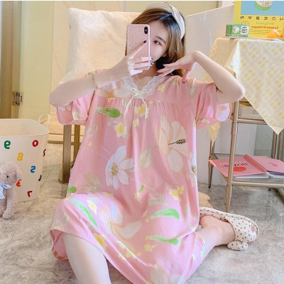 Váy/đầm nữ cộc tay cổ V phối ren vải lanh thoáng mát, dáng suông dài nhiều họa tiết freesize 45 - 65 kg