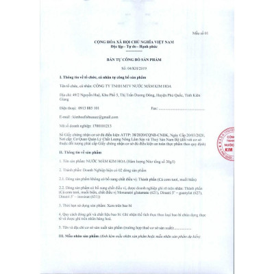 Nước Mắm truyền thống Kim Hoa Phú Quốc 30 độ đạm chai 1 Lít