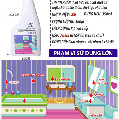 Chai Xịt Tẩy Cặn Canxi Inox Gương Kính Nhà Tắm LKB 350ml Tẩy Cặn Ố Mờ Vòi Sen Lavabo Hồ Cá Tường Gạch Đa Năng