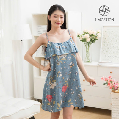 Đầm 2 dây tencel phối bèo LMcation Autumn - hoa lá xanh