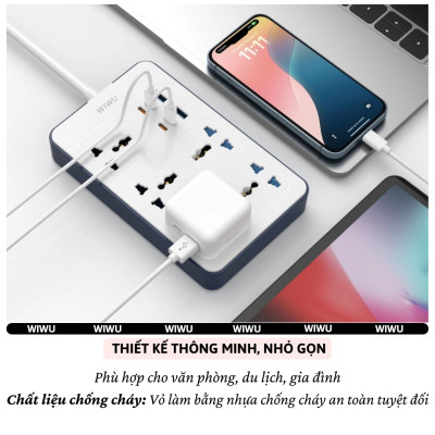 Ổ cắm điện đa năng 11 in 1 2500W WIWU Wi-S006 PS524 4 cổng Type-C (PD 20W), 2 cổng USB-A (2.4A), 5 ổ cắm AC, dây điện dài 2m, Chống cháy, Chip Ai an toàn sạc cho iPhone ipad Macbook Vivo oppo samsung huawei - Hàng nhập khẩu