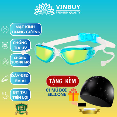 Kính Bơi Tráng Gương kèm bịt tai cao cấp VinBuy chống sương mù, chống tia UV Hàng chính hãng - Tặng kèm nón bơi Silicon (Màu ngẫu nhiên)