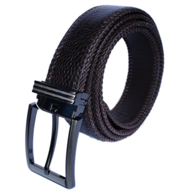 HJ4457-61-65-69 - Dây nịt nam da đà điểu đan viền đầu kim màu đen, nâu đất, vàng bò, nâu đỏ