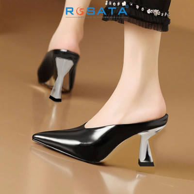 Dép sục cao gót nữ da bóng, gót bạc ROSATA RO672 -7F- Đen - HÀNG VIỆT NAM-BKSTORE