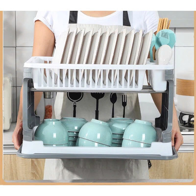 Giá để bát đĩa 2 tầng, kệ chạn úp chén đũa đa năng kèm khay hứng nước -Hàng chính hãng