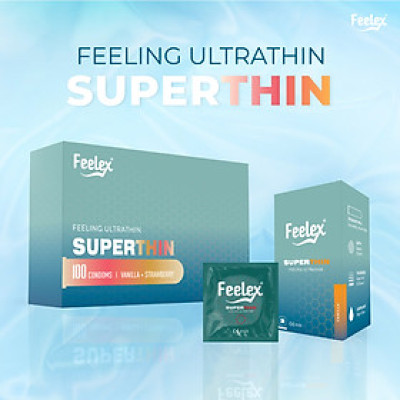 Bao cao su gia đình Feelex Superthin mỏng nhiều gel hương dâu - Hộp 30bcs