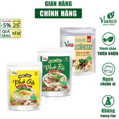 Combo 3 Gói Gia Vị Súp Cô Đặc Vị Phở Bò - Phở Gà - Phở Chay gói 200ml Vianco Foods Tiện Lợi