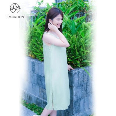 Đầm mặc nhà xẻ tà LMcation Tencel Alice - Xanh lá cây