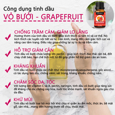 Tinh dầu Vỏ bưởi HG. Grapefruit Essential Oil 10ML. Tinh dầu xông phòng giúp kháng khuẩn, thanh lọc không khí, thư giãn, hỗ trợ giảm cân, chăm sóc da tóc. Tinh dầu thơm phòng cao cấp Vemoda
