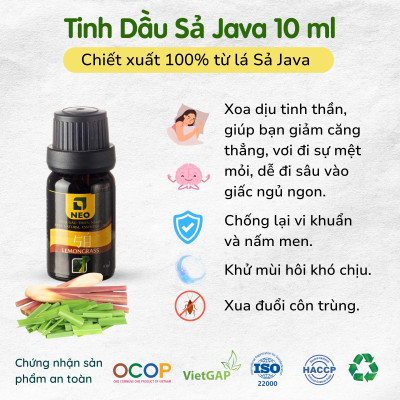 Tinh Dầu Sả Java nguyên chất NEO - Tinh dầu sả java xua đuổi côn trùng, làm đẹp, xông phòng, - 10ml