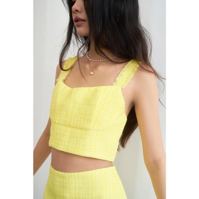 DOTTIE - Áo hai dây vải tweed gắn tua rua nữ vàng T0589