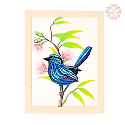 Thiệp Quilling có khung - size 8.5 x 6.5 cm - Chim xanh trên cành cây