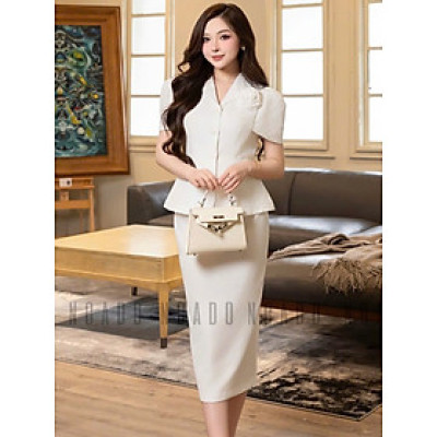 Set áo váy trắng cổ vest NGADO , set áo váy dài , set áo váy công sở , dự tiệc