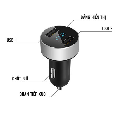 Tẩu Sạc Xe Ô Tô Có Màn Hình Led Hiển Thị | Tẩu Sạc 2 Cổng USB Cho Phép Sạc Cùng Lúc Nhiều Thiết Bị, Có Màn Hình Led Hiển Thị