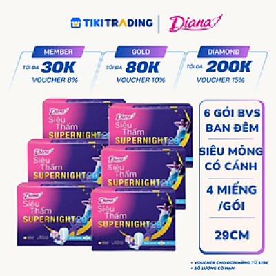 Combo 6 Băng Vệ Sinh Diana Super Night Có Cánh 29cm (Gói 4 Miếng)