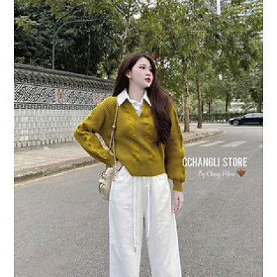 Áo Len Nữ Dệt Kim Phối Sơ Mi Cổ V Lệch Tầng Form Rộng Ulzzang Hàn Quốc