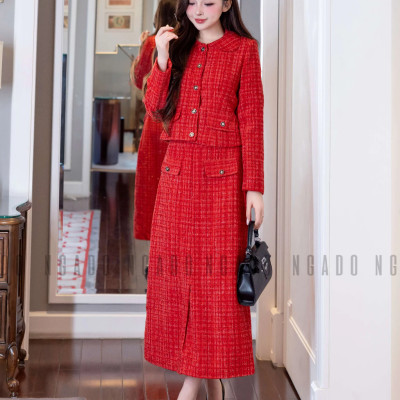 Set áo váy tweed đỏ NGADO , set áo kèm chân váy dáng dài