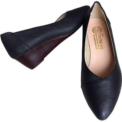 Giày đé xuồng bít mũi Trường Hải cao 5cm da bó thật mũi nhọn màu đen DX0198 [ HÌNH ẢNH THẬT] 