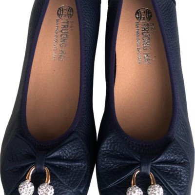 Giày đế xuồng nữ Trường Hải da bò thât màu xanh đen cao 3cm đế cao su dẻo không trơn DX189