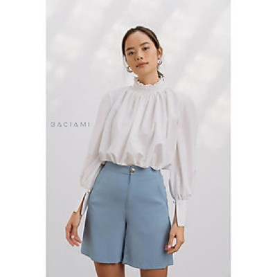 Baciami-Áo Trắng Cổ Lọ Nhún Bèo