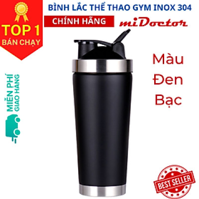 Bình lắc inox shaker tập gym, tập thể thao, có giữ nhiệt và quai xách – Kèm Bóng Lò Xo Lắc - Chính hãng miDoctor