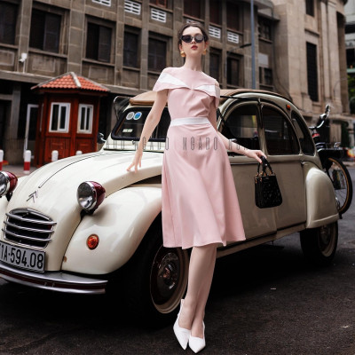 Đầm hồng tay con phối trắng NGADO