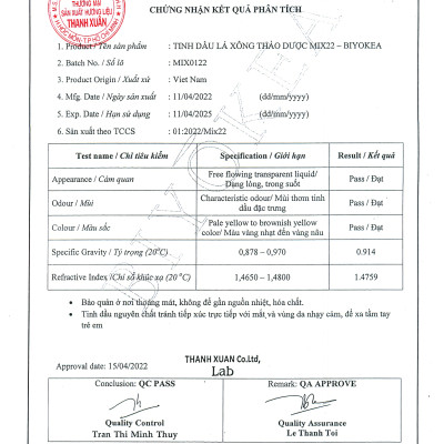 Tinh Dầu Lá Xông Mix22 Biyokea Thiên Nhiên Nguyên Chất 20ml