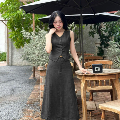 Set áo ghi lê 6 nút kèm chân váy dài