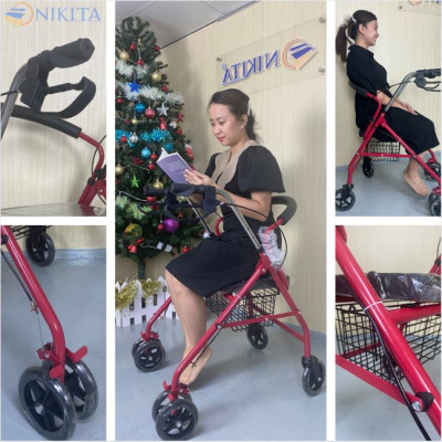 Xe tập đi bốn bánh cho người già có ghế ngồi, có giỏ đựng đồ, gấp gọn khi không sử dụng, chính hãng Nikita 