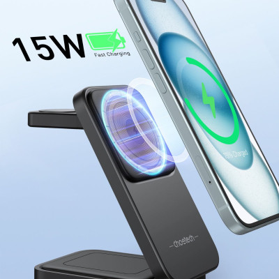 Đế sạc Choetech T611 Mag-safe 3 in 1 xếp gọn 15W dùng sạc cho điện thoại, tai nghe và Ap-ple watch (hàng chính hãng)