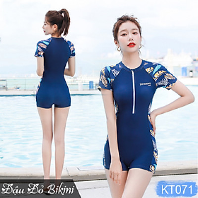 Bộ bơi liền thân nữ cộc tay khóa kéo, mẫu trẻ trung năng động, tôn dáng tránh lộ bụng, chất bơi thun lạnh Lycra dầy đẹp | KT071