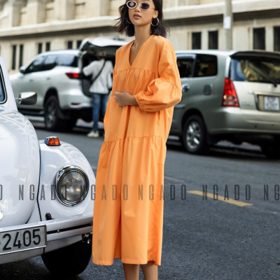 Đầm babydoll cam dài tay NGADO , đầm nữ , Đầm suông , Đầm phom rộng