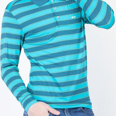 Áo thun tay dài cổ bẻ kẻ màu xanh ngọc Aligo ALGAPD012