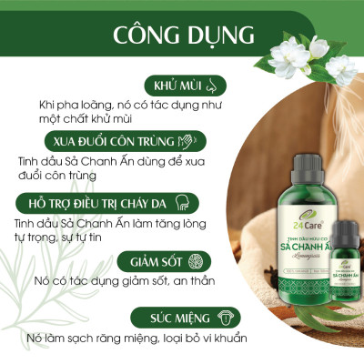 Tinh Dầu Thơm Phòng Nguyên Chất 24Care Sả Chanh/ Bạc Hà/ Quế/ Oải hương/ Bưởi/ Cam/ Hoa Lài/ Quýt/ Tràm Huế/ Hoa Hồng/ Lavender/ Ngọc Lan Tây/ Tràm Trà/ Sả Java/ Trà Xanh (50ml)