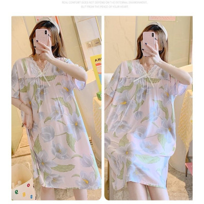 Váy/đầm nữ cộc tay cổ V phối ren vải lanh thoáng mát, dáng suông dài nhiều họa tiết freesize 45 - 65 kg