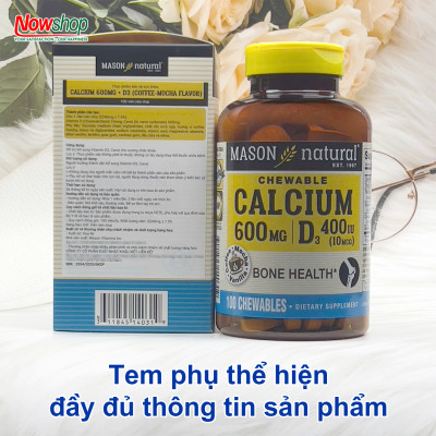 Calcium 600MG + D3 Mason Natural Hộp 100 viên tăng chiều cao xương răng chắc khỏe ngừa loãng xương
