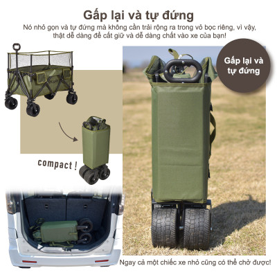 Xe kéo dã ngoại, ngoài trời, du lịch, cắm trại, picnic, đa năng bánh xe rộng có khóa cố định dung thích 230l gấp gọn