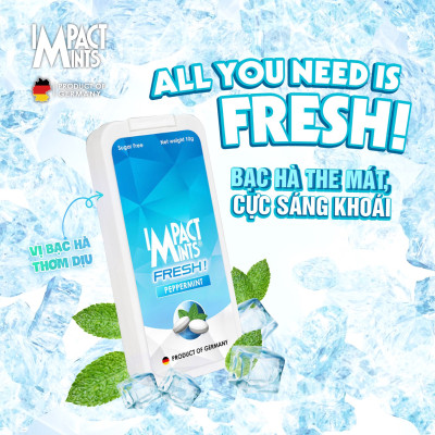 Kẹo Không Đường Bạc Hà IMPACT MINTS FRESH 10g (Tặng kèm 1 gói khăn giấy tepo)