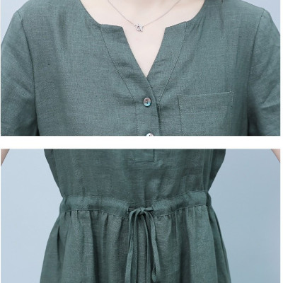 Đầm linen Nữ thiết kế cổ V Trẻ trung Kèm Dây Rút eo