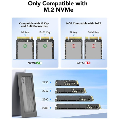 Box ổ cứng Lexar E300 M.2 SSD Enclosure hỗ trợ NVMe SSD 2280/2260/2242/2230, USB 3.2 Gen 2 - Hàng chính hãng