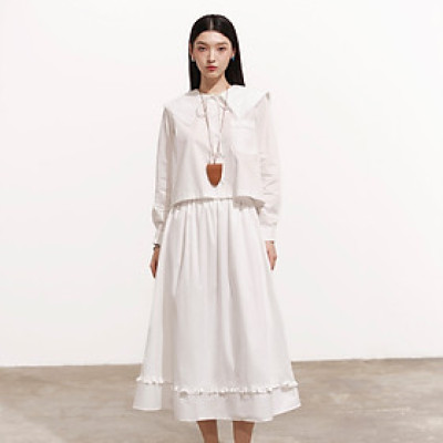 DOTTIE - Chân váy dài phối bèo - Trắng - S0257