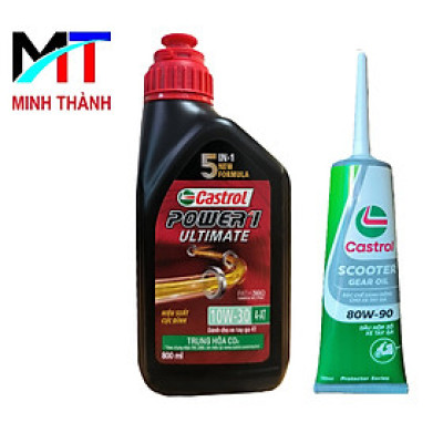 Combo 2 sản phẩm dầu nhớt động cơ cao cấp và dầu hộp số (dầu Lap) cho xe ga (Castrol Power1 Ultimate scooter 0,8L và Castrol scooter gear oil)