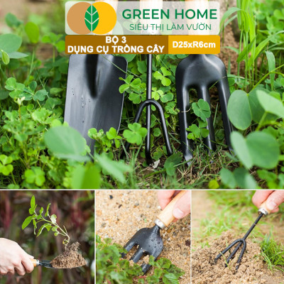 Dụng Cụ Làm Vườn Greenhome, D25cm, Cán Gỗ, Lưỡi Thép, Gồm Xẻng Xúc Đất, Cào, Chĩa, Trồng Cây, Làm Cỏ Dễ Dàng