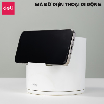 Ống Bút Xoay 360 Độ Deli - Hộp Đựng Bút Tròn Nhiều Ngăn Để Bàn Tích Hợp Giá Đỡ Điện Thoại - Tặng Kèm Sticker