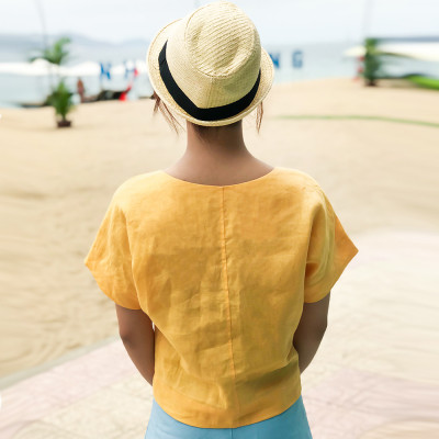 Áo Croptop Linen Áo Kiểu Đẹp Thời trang thiết kế Hity TOP134 (Vàng Mù Tạt)