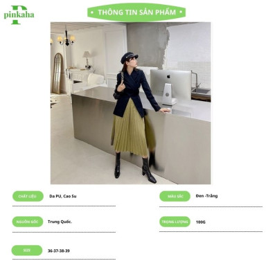 Giày Bốt Nữ Da Bóng Trắng Đen Ôm Chân Đẹp Gót 7 Phân Cổ cao Mũi Nhọn Không Có Khóa