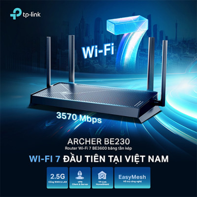 Thiết bị định tuyến mạng không dây TP-Link Router Wifi 7 Dual-Band BE3600 Archer BE230 - Hàng chính hãng