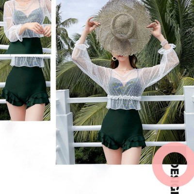 Bộ đồ bơi bikini nữ 1 mảnh đi tắm biển kèm áo croptop ren trắng chấm bi tiểu thư hot trend 2021- B05