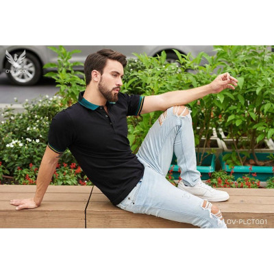 Áo Thun Cá Sấu Nam OVERCO Cổ Bẻ Màu Đen Phối Bo Tay Thời Trang 